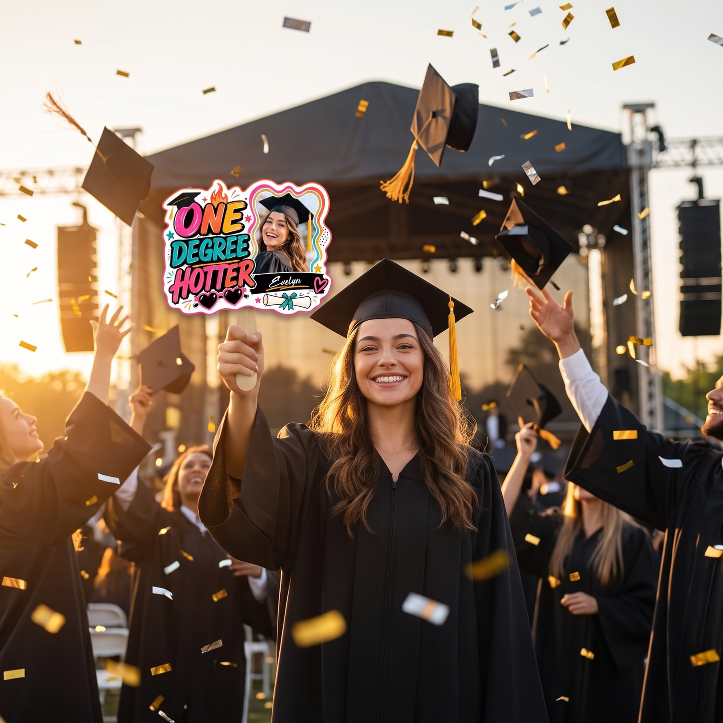 Personalized One Degree Hotter Custom Shape Photo Hand Fan, Graduation Fan with Photo & Name