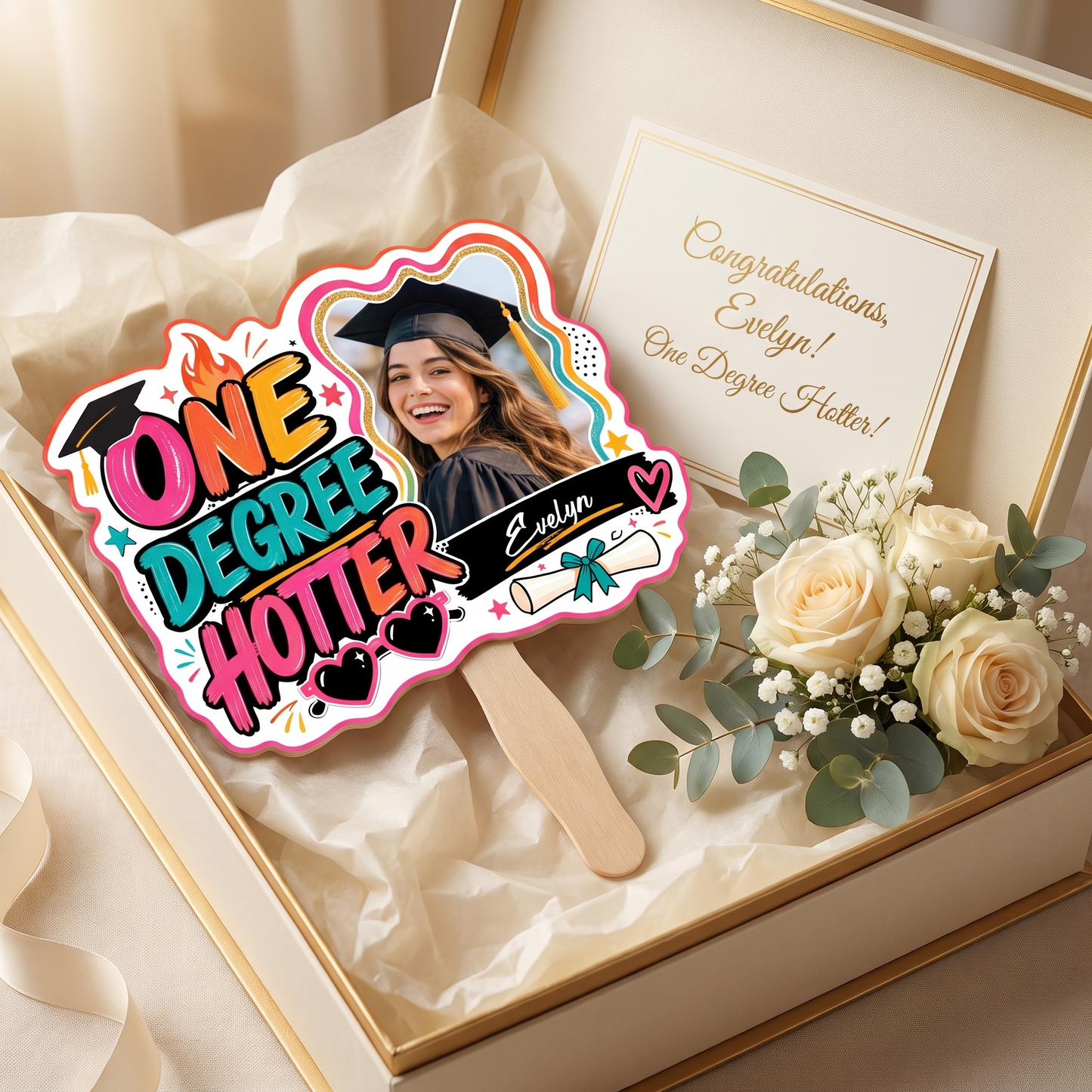 Personalized One Degree Hotter Custom Shape Photo Hand Fan, Graduation Fan with Photo & Name