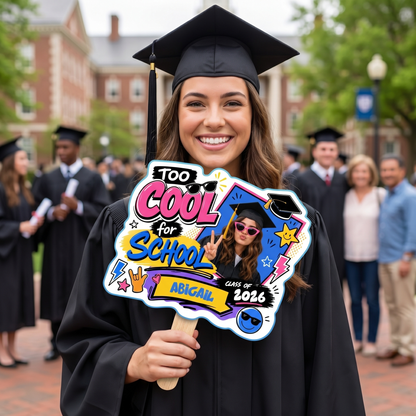 Too Cool for School Custom Shape Photo Hand Fan with Photo, Name Graduation Party Fan