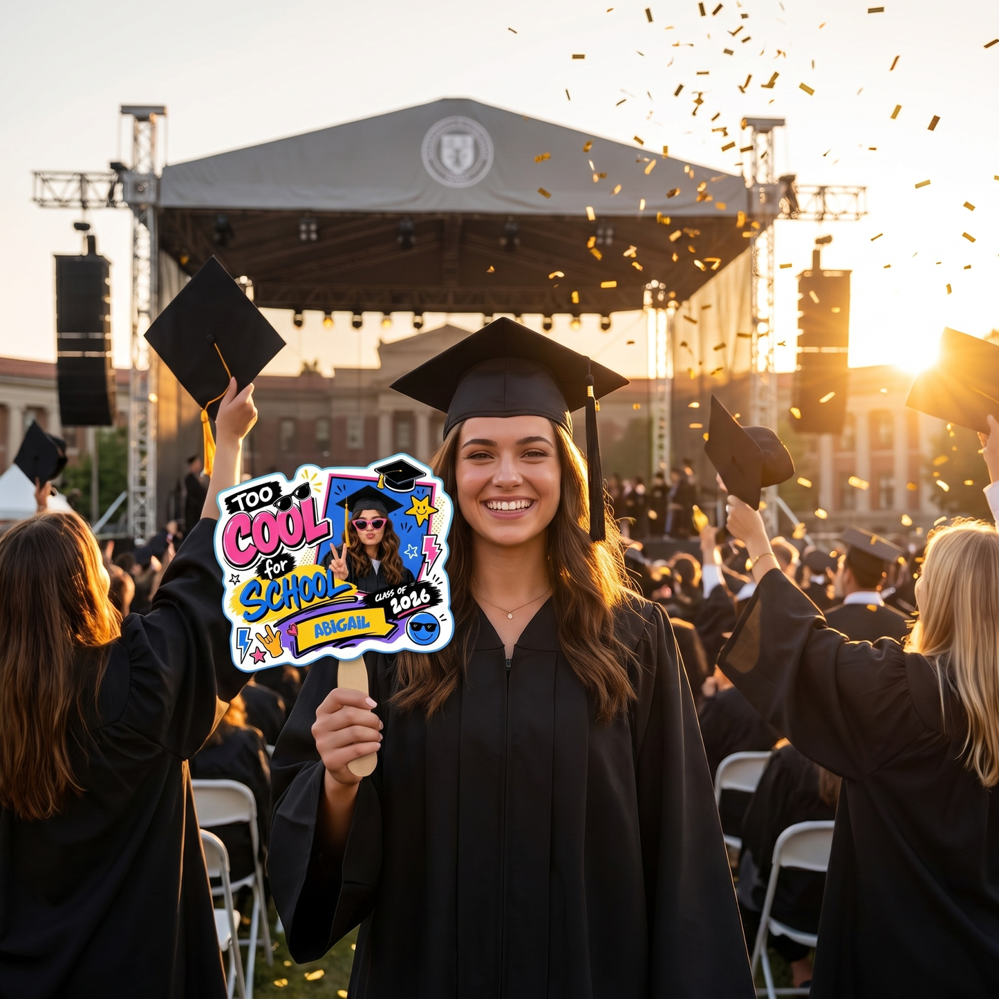 Too Cool for School Custom Shape Photo Hand Fan with Photo, Name Graduation Party Fan