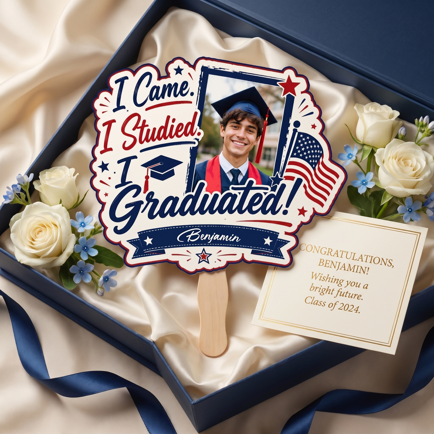 I Came I Studied I Graduated Custom Shape Photo Hand Fan with Photo, Name Graduation Party Fan
