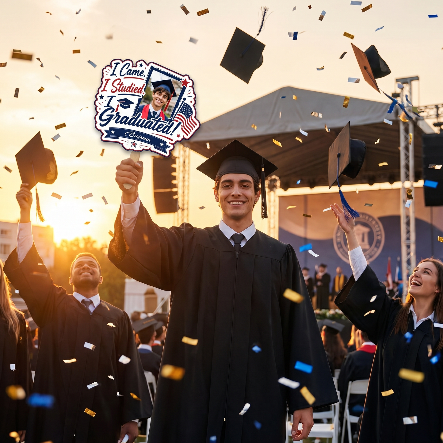 I Came I Studied I Graduated Custom Shape Photo Hand Fan with Photo, Name Graduation Party Fan