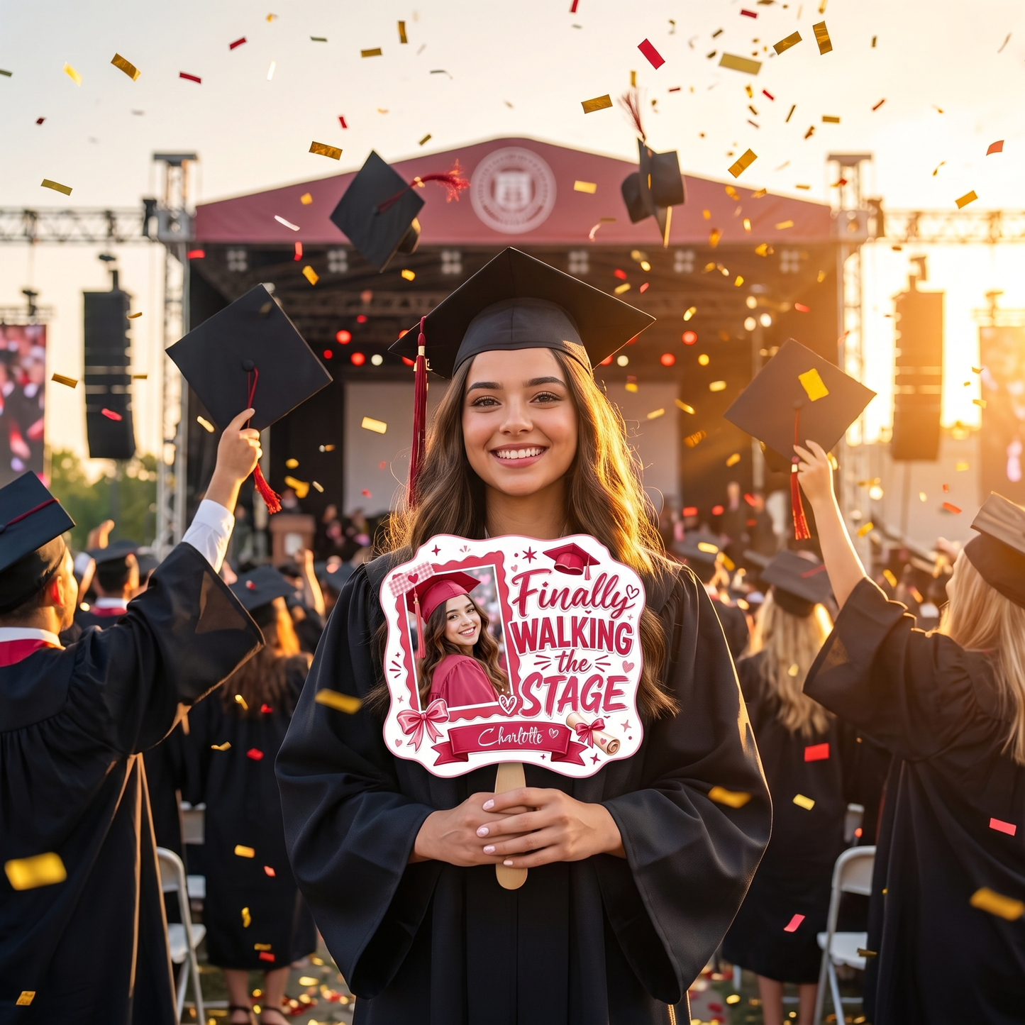 Personalized Finally Walking the Stage Custom Shape Photo Hand Fan, Graduation Fan with Photo & Name