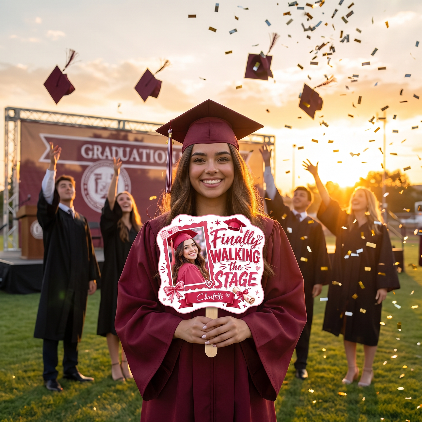 Personalized Finally Walking the Stage Custom Shape Photo Hand Fan, Graduation Fan with Photo & Name