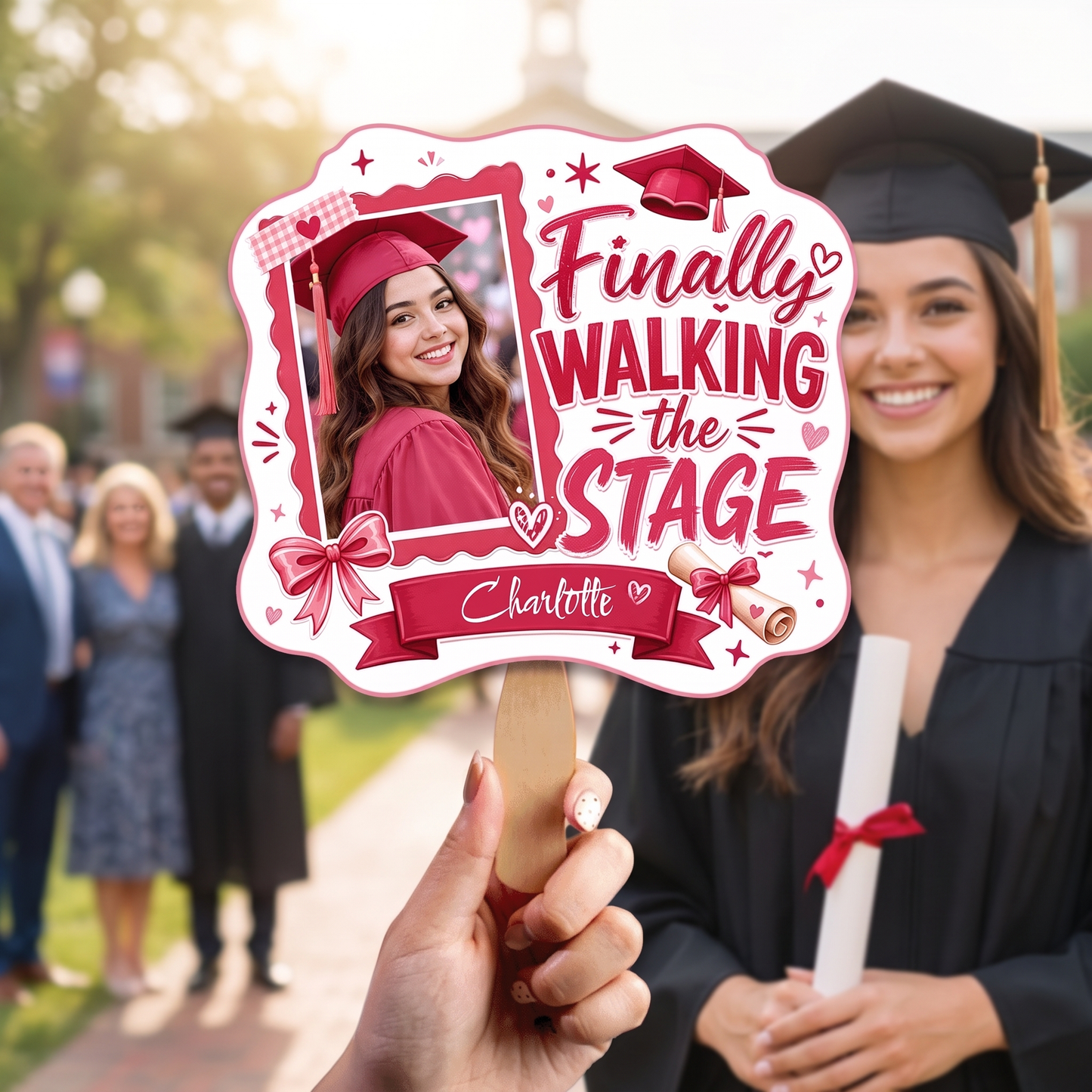 Personalized Finally Walking the Stage Custom Shape Photo Hand Fan, Graduation Fan with Photo & Name