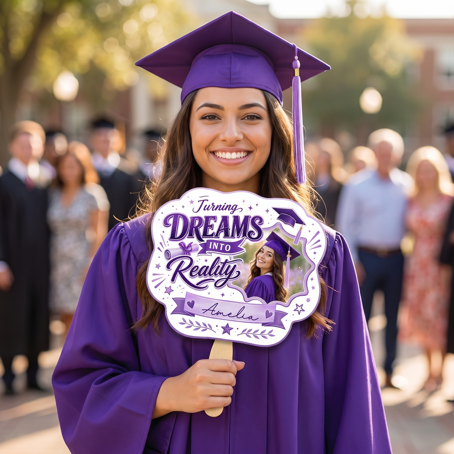 Personalized Turning Dreams Into Reality Custom Shape Photo Hand Fan, Graduation Fan with Photo & Name