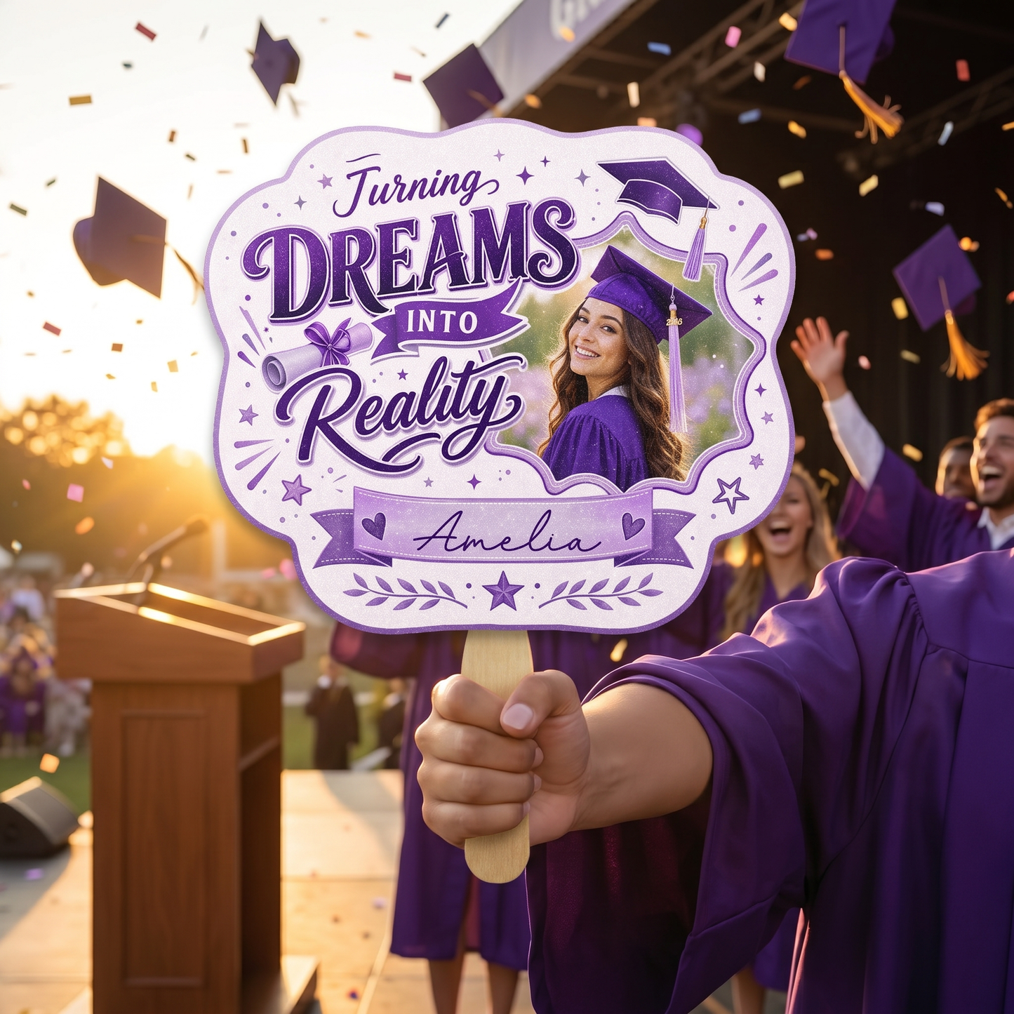 Personalized Turning Dreams Into Reality Custom Shape Photo Hand Fan, Graduation Fan with Photo & Name