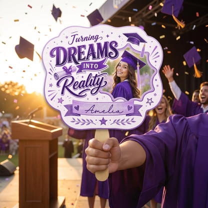 Personalized Turning Dreams Into Reality Custom Shape Photo Hand Fan, Graduation Fan with Photo & Name