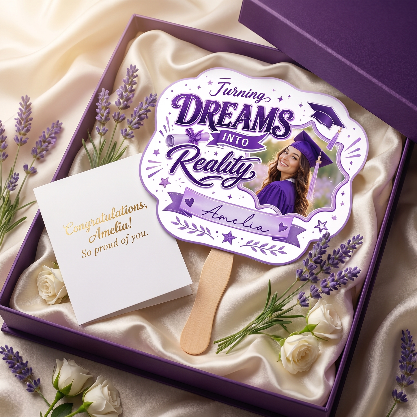 Personalized Turning Dreams Into Reality Custom Shape Photo Hand Fan, Graduation Fan with Photo & Name