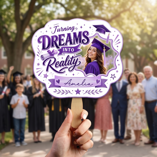 Personalized Turning Dreams Into Reality Custom Shape Photo Hand Fan, Graduation Fan with Photo & Name
