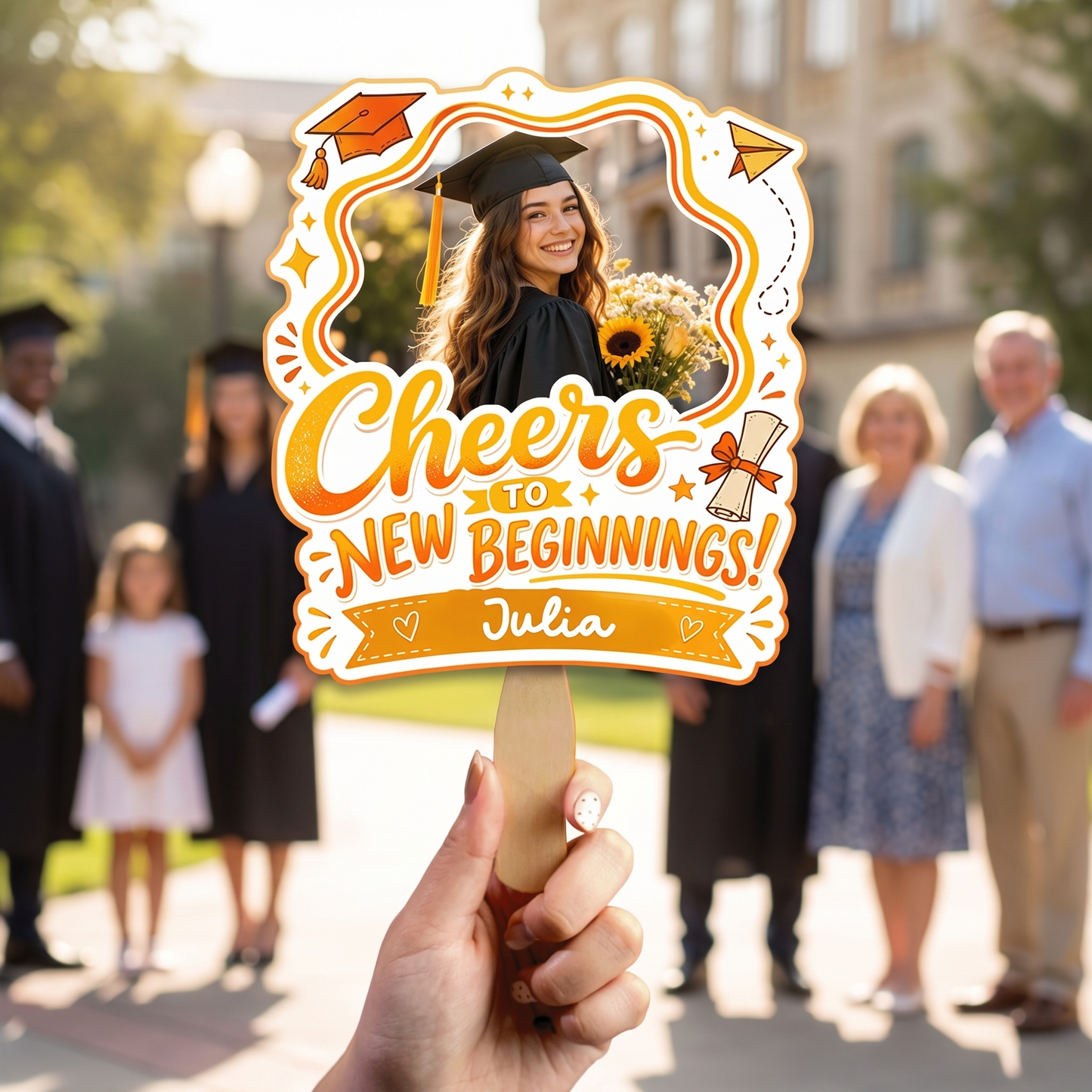 Personalized Cheers to New Beginnings Custom Shape Photo Hand Fan, Graduation Fan with Photo & Name