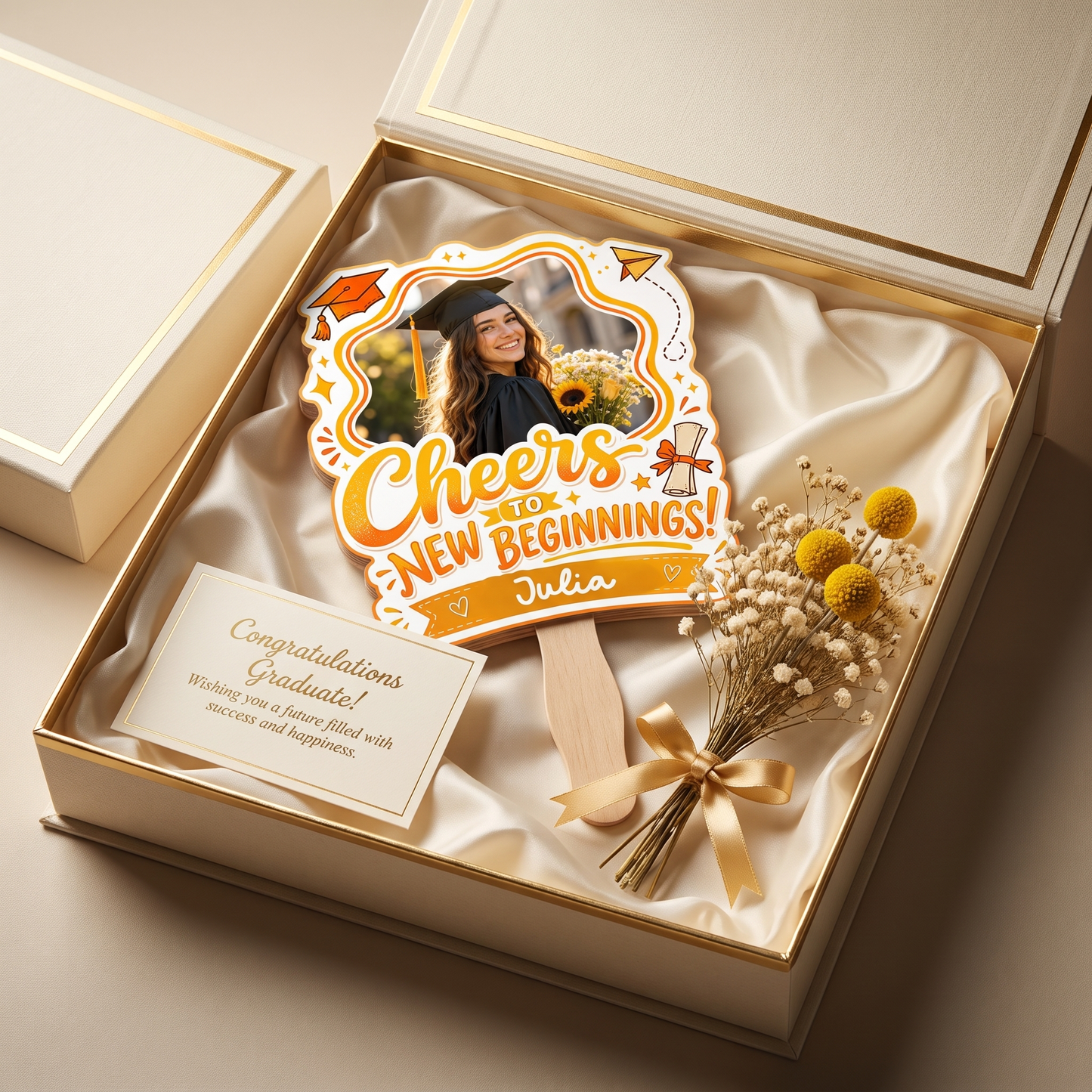 Personalized Cheers to New Beginnings Custom Shape Photo Hand Fan, Graduation Fan with Photo & Name