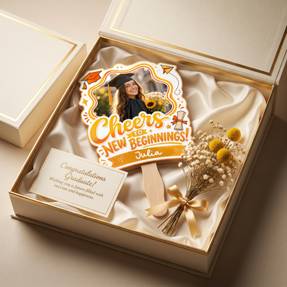 Personalized Cheers to New Beginnings Custom Shape Photo Hand Fan, Graduation Fan with Photo & Name