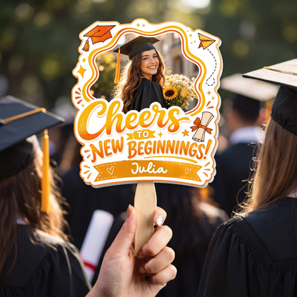 Personalized Cheers to New Beginnings Custom Shape Photo Hand Fan, Graduation Fan with Photo & Name