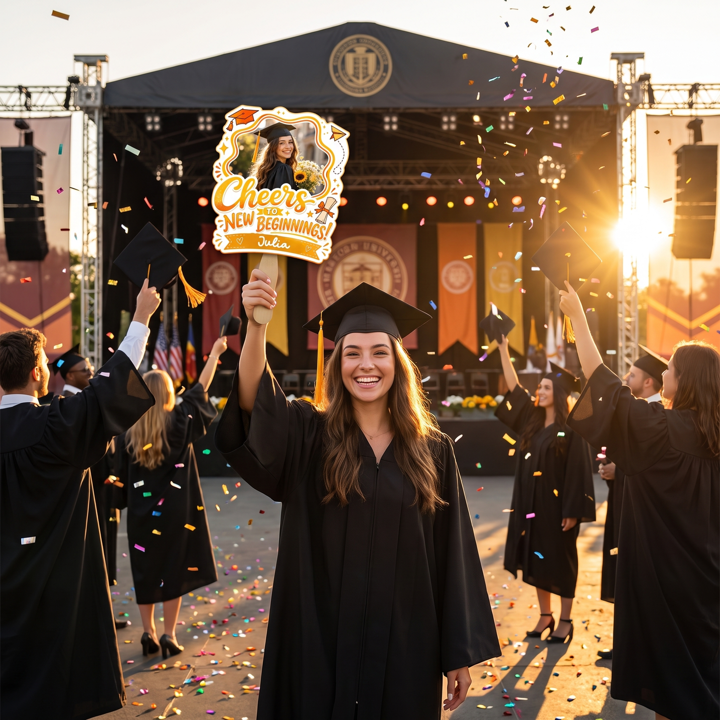 Personalized Cheers to New Beginnings Custom Shape Photo Hand Fan, Graduation Fan with Photo & Name
