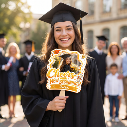 Personalized Cheers to New Beginnings Custom Shape Photo Hand Fan, Graduation Fan with Photo & Name