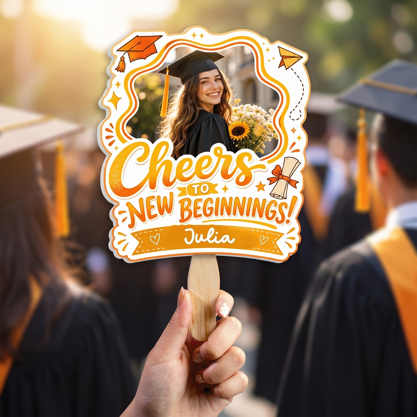 Personalized Cheers to New Beginnings Custom Shape Photo Hand Fan, Graduation Fan with Photo & Name