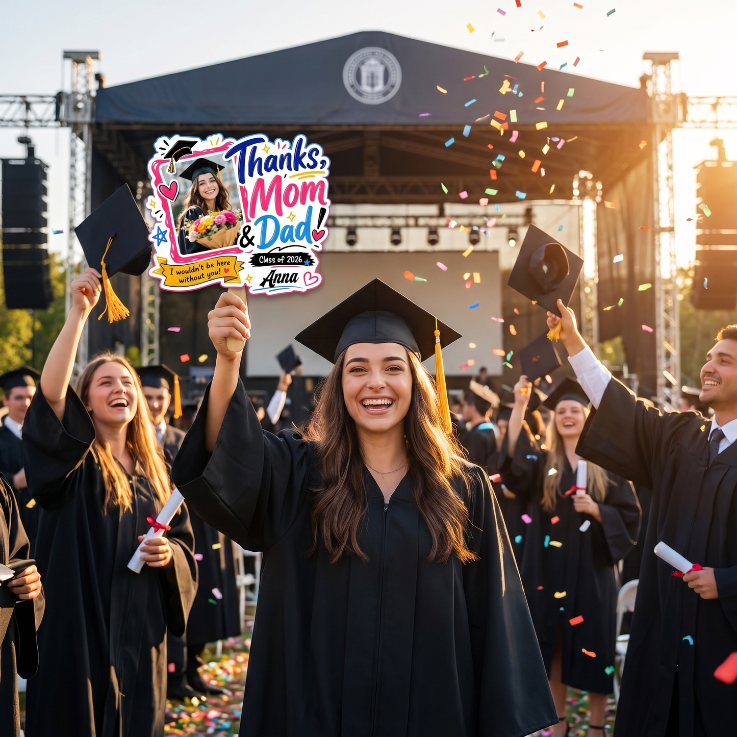 Thanks Mom and Dad I Wouldn't Be Here Without You Custom Shape Photo Hand Fan with Photo, Name Graduation Party Fan