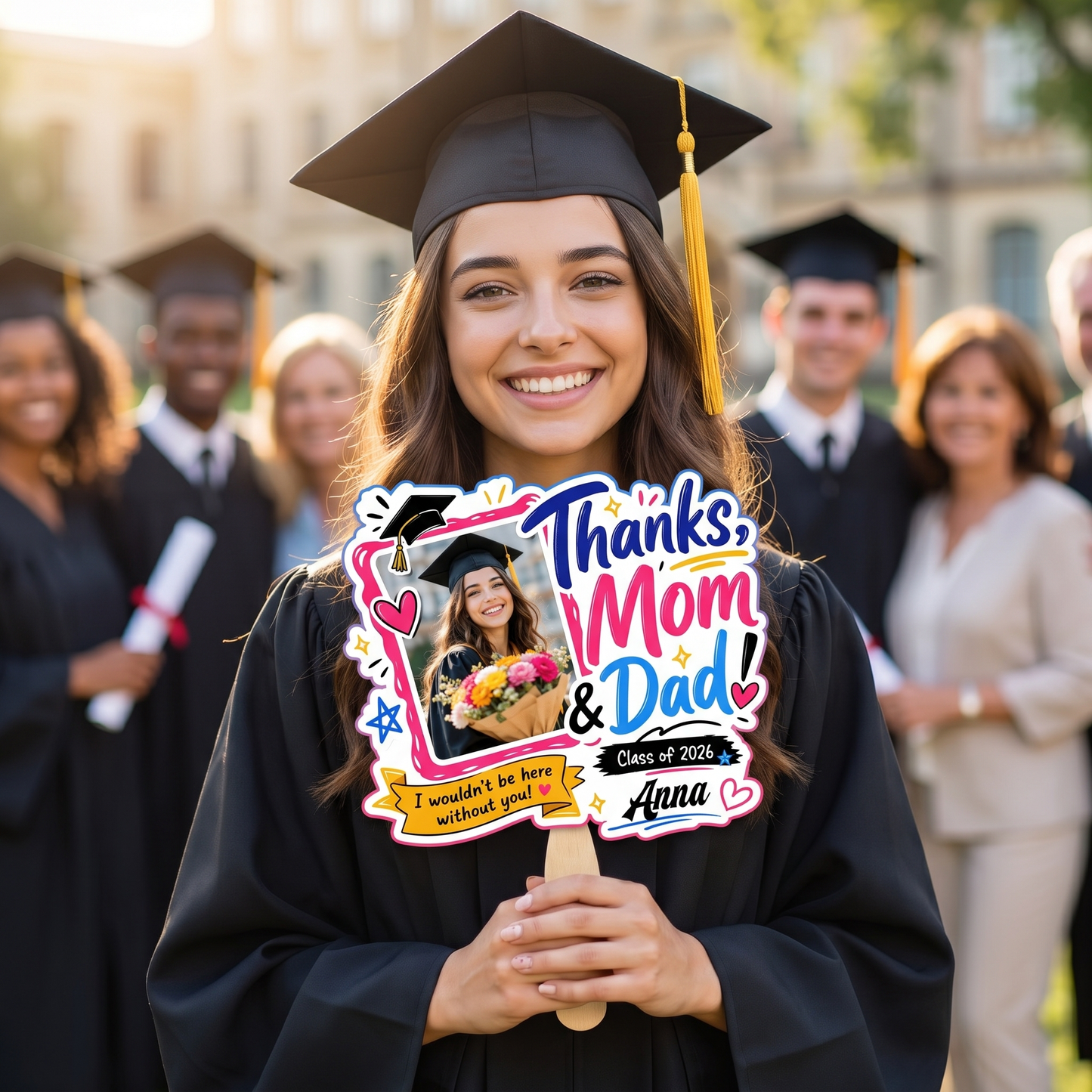 Thanks Mom and Dad I Wouldn't Be Here Without You Custom Shape Photo Hand Fan with Photo, Name Graduation Party Fan