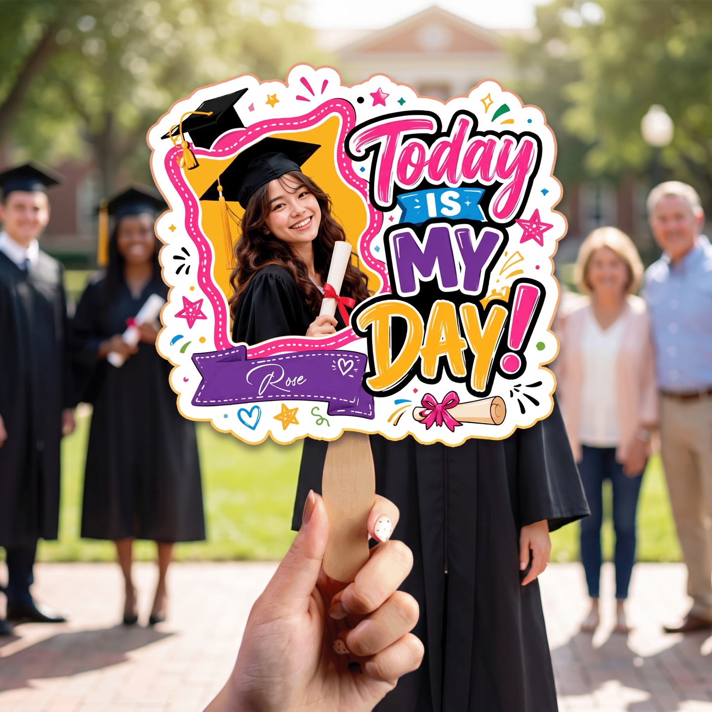 Personalized Today Is My Day Custom Shape Photo Hand Fan, Graduation Fan with Photo & Name