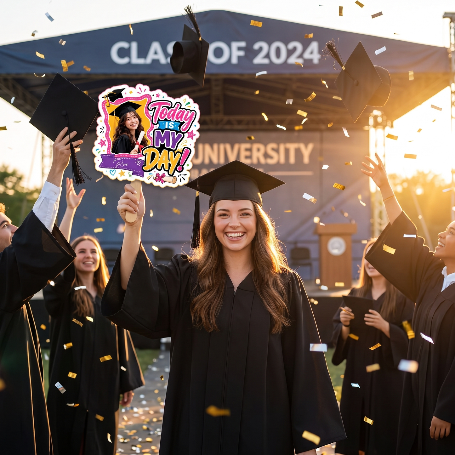 Personalized Today Is My Day Custom Shape Photo Hand Fan, Graduation Fan with Photo & Name