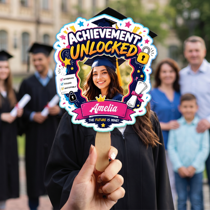 Personalized Achievement Unlocked Custom Shape Photo Hand Fan, Graduation Fan with Photo & Name