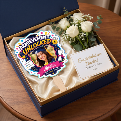 Personalized Achievement Unlocked Custom Shape Photo Hand Fan, Graduation Fan with Photo & Name