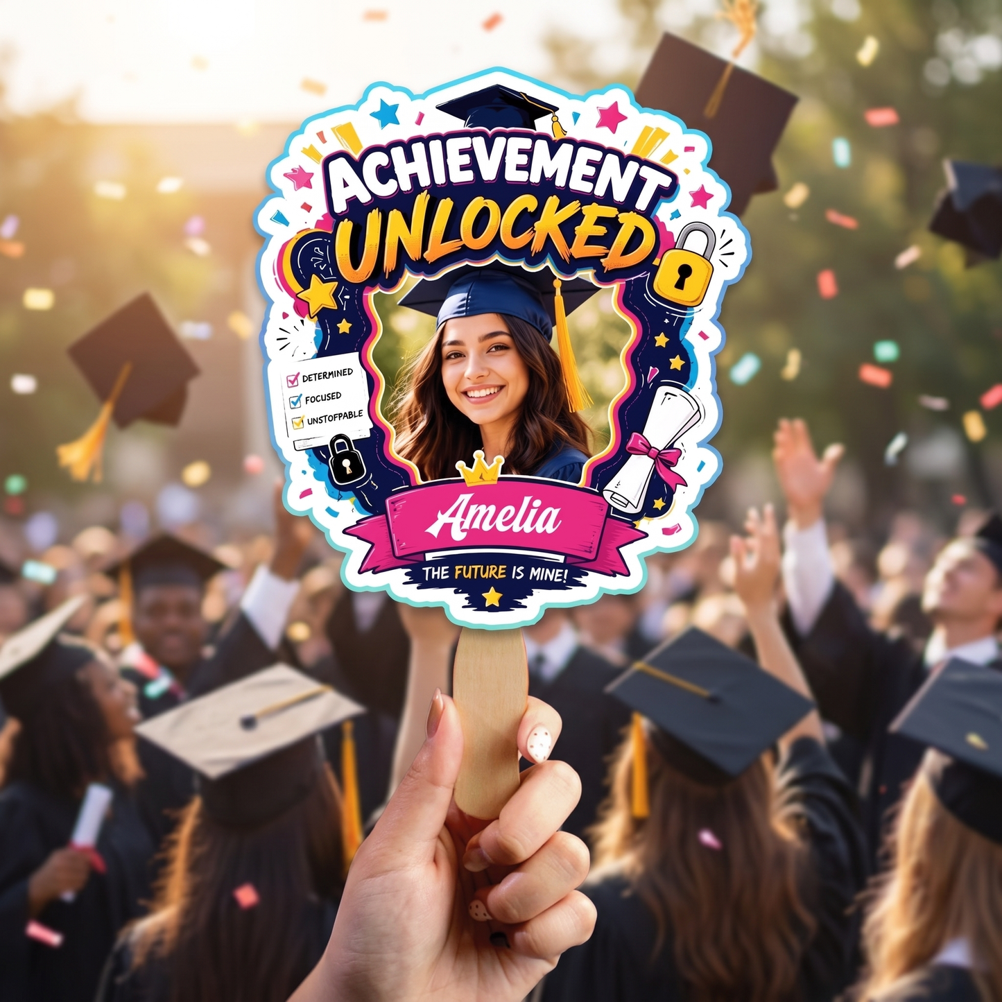 Personalized Achievement Unlocked Custom Shape Photo Hand Fan, Graduation Fan with Photo & Name