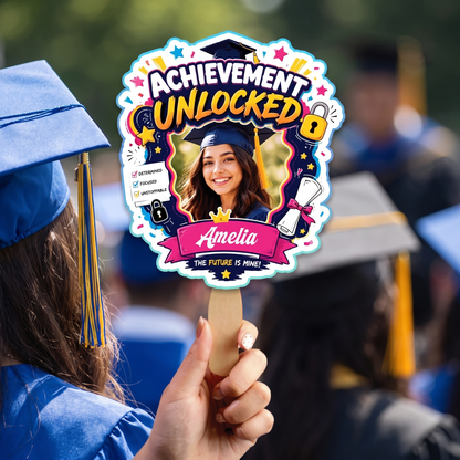 Personalized Achievement Unlocked Custom Shape Photo Hand Fan, Graduation Fan with Photo & Name