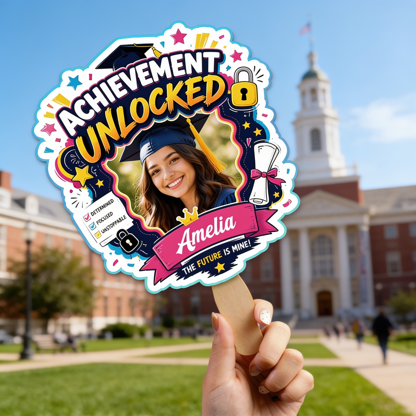 Personalized Achievement Unlocked Custom Shape Photo Hand Fan, Graduation Fan with Photo & Name