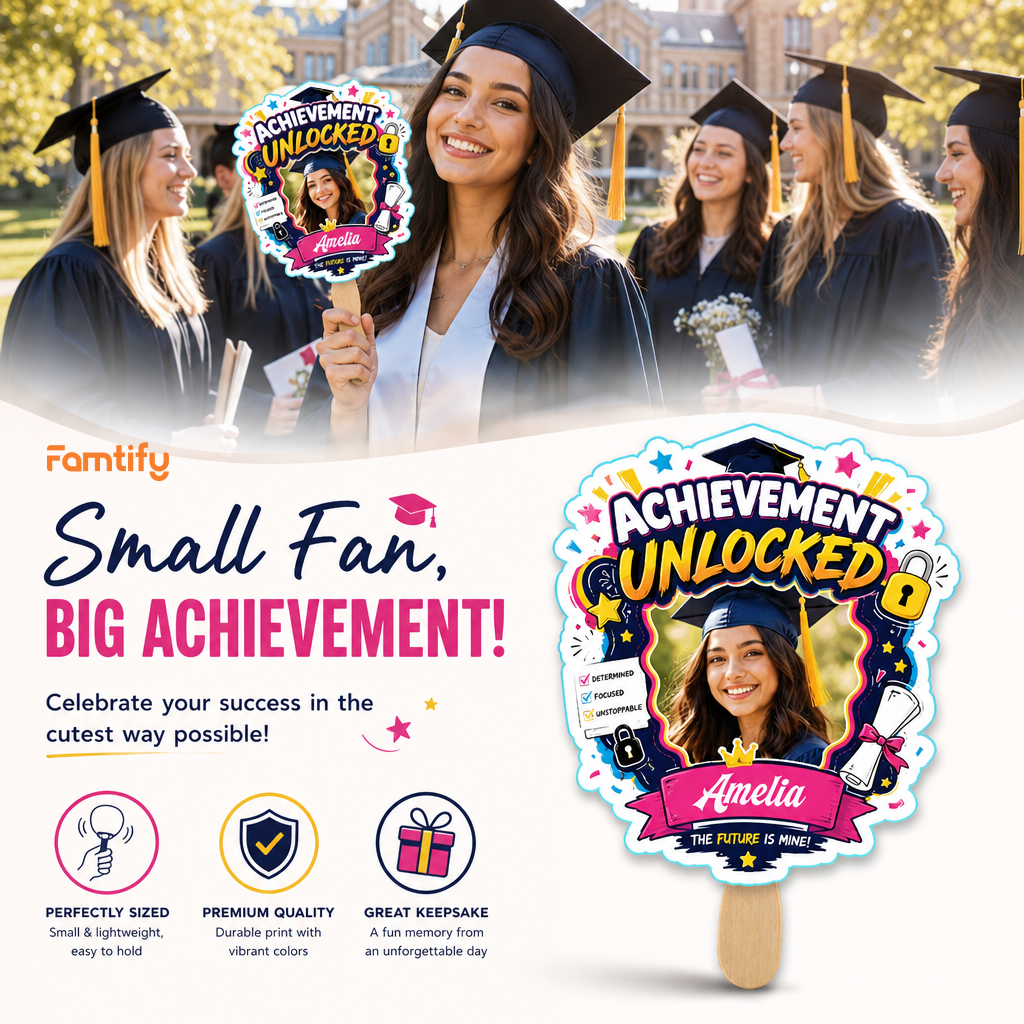 Personalized Achievement Unlocked Custom Shape Photo Hand Fan, Graduation Fan with Photo & Name