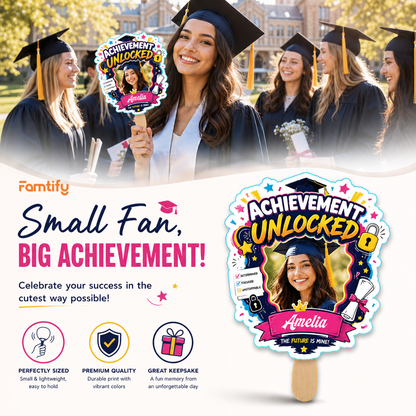 Personalized Achievement Unlocked Custom Shape Photo Hand Fan, Graduation Fan with Photo & Name