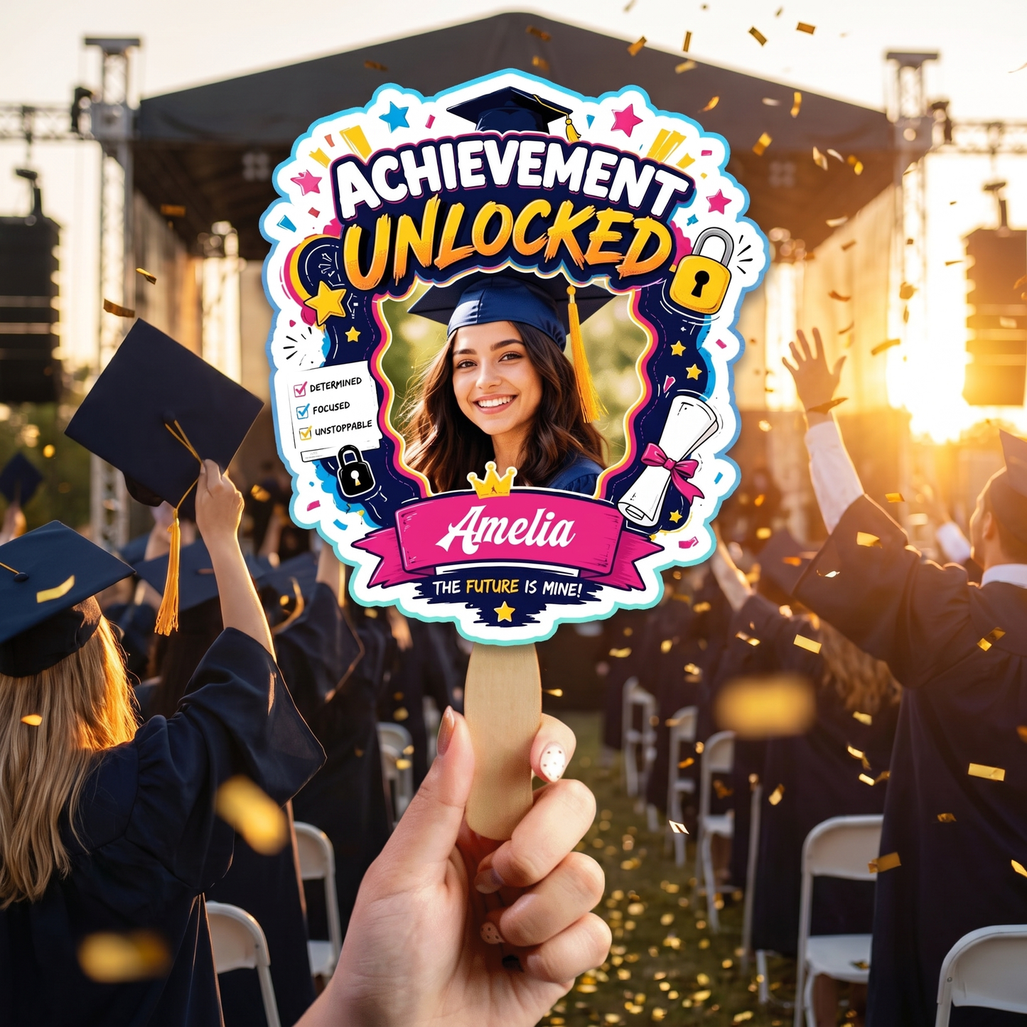 Personalized Achievement Unlocked Custom Shape Photo Hand Fan, Graduation Fan with Photo & Name