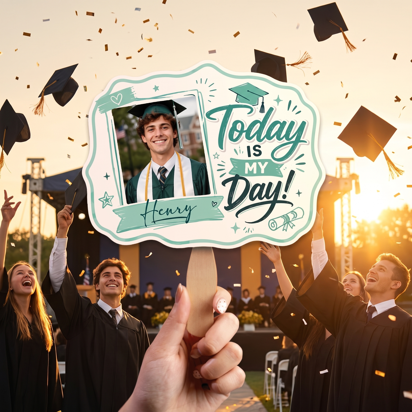 Personalized Today Is My Day Green Custom Shape Photo Hand Fan, Graduation Fan with Photo & Name