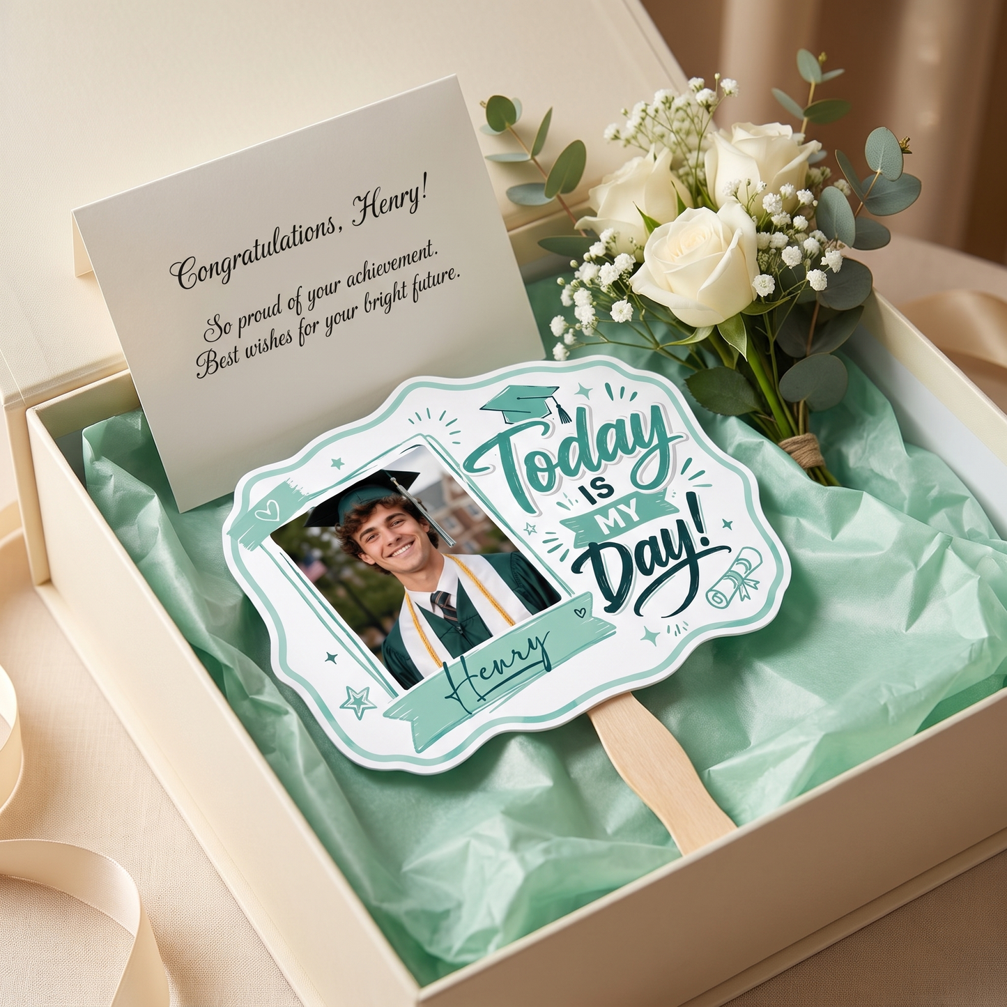 Personalized Today Is My Day Green Custom Shape Photo Hand Fan, Graduation Fan with Photo & Name