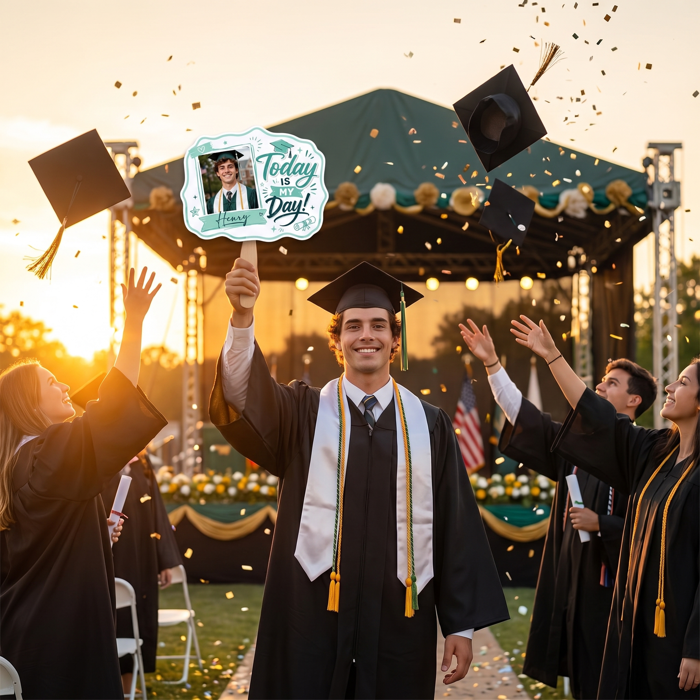 Personalized Today Is My Day Green Custom Shape Photo Hand Fan, Graduation Fan with Photo & Name