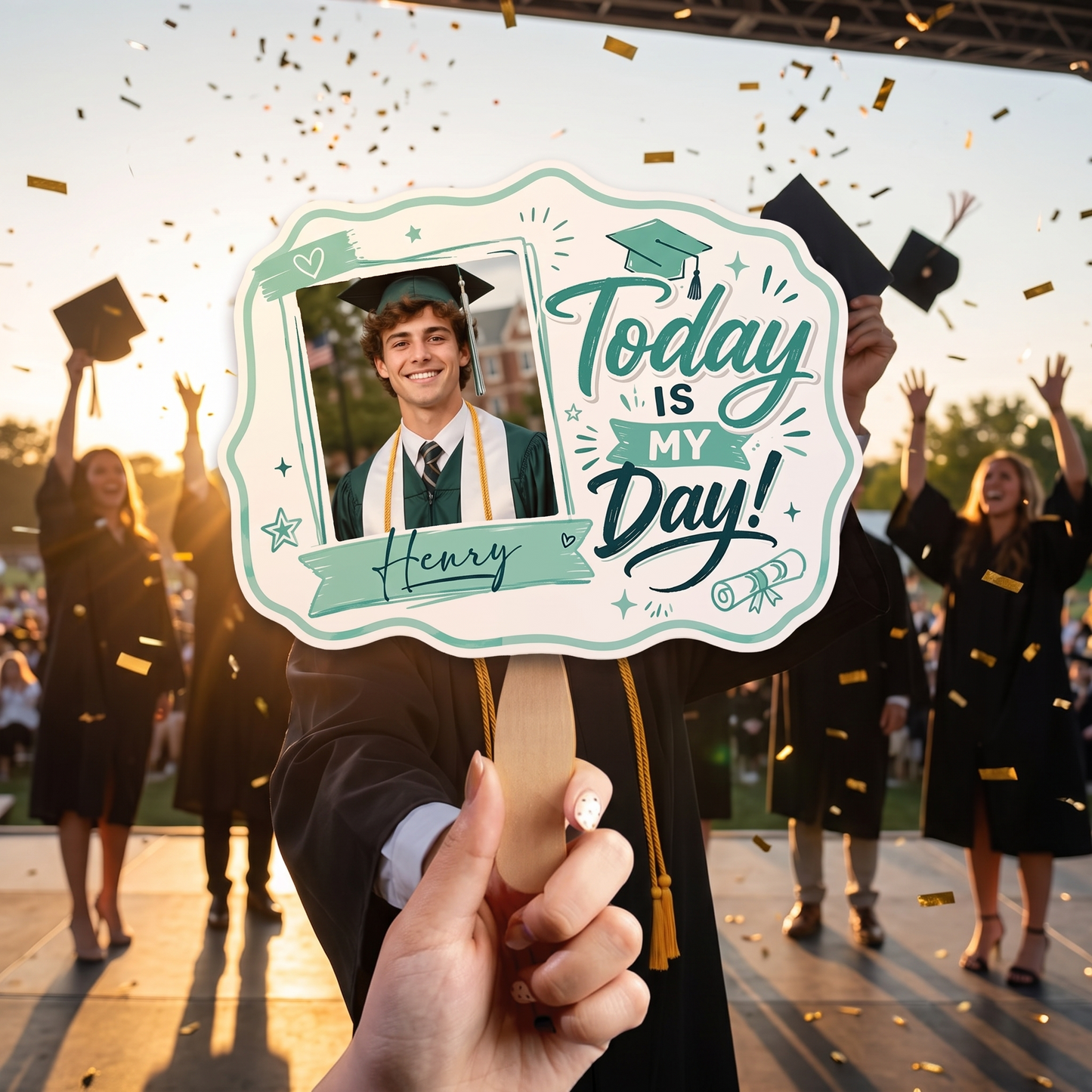 Personalized Today Is My Day Green Custom Shape Photo Hand Fan, Graduation Fan with Photo & Name