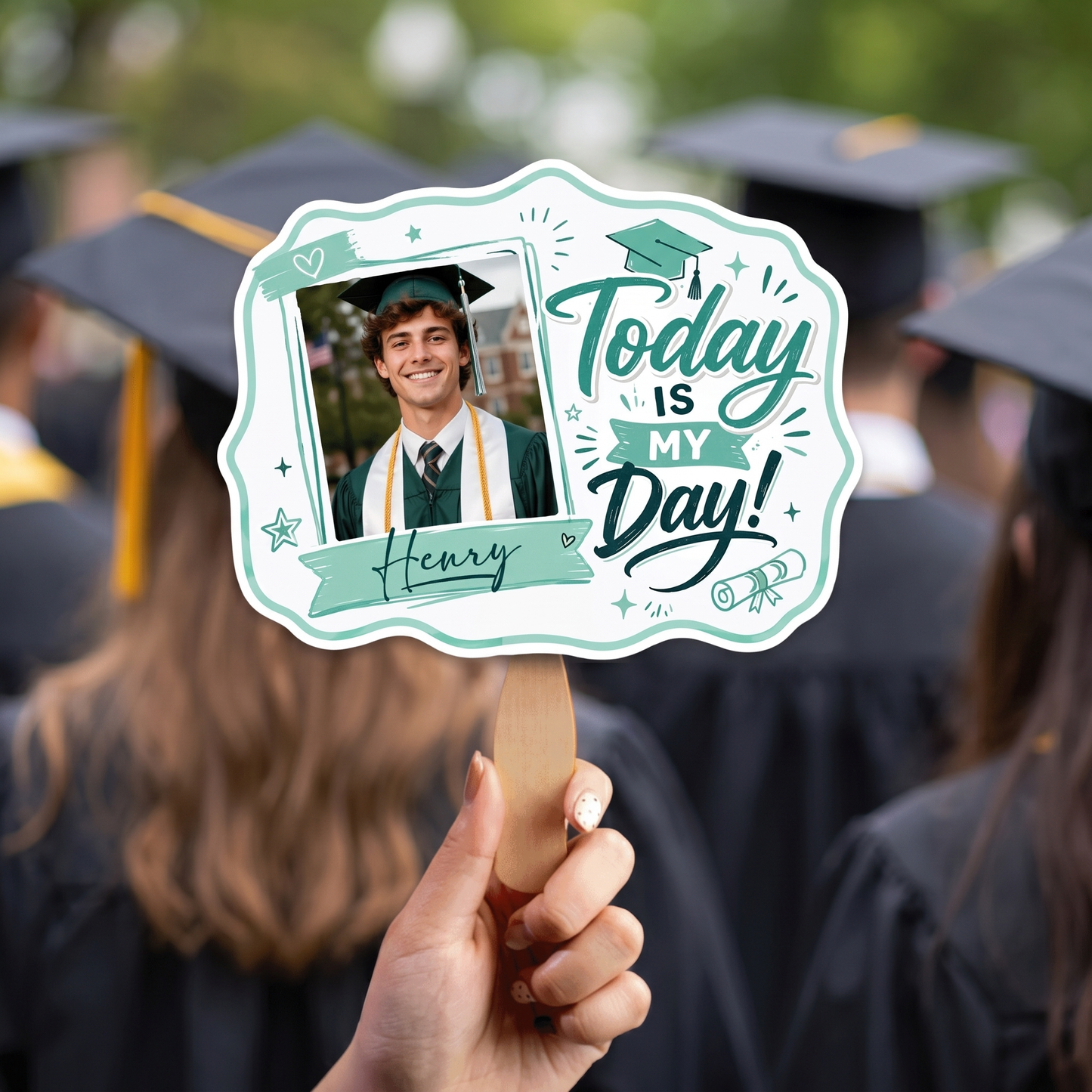 Personalized Today Is My Day Green Custom Shape Photo Hand Fan, Graduation Fan with Photo & Name