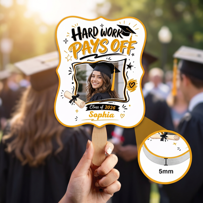 Personalized Hard Work Pays Off Custom Shape Photo Hand Fan, Graduation Fan with Photo & Name