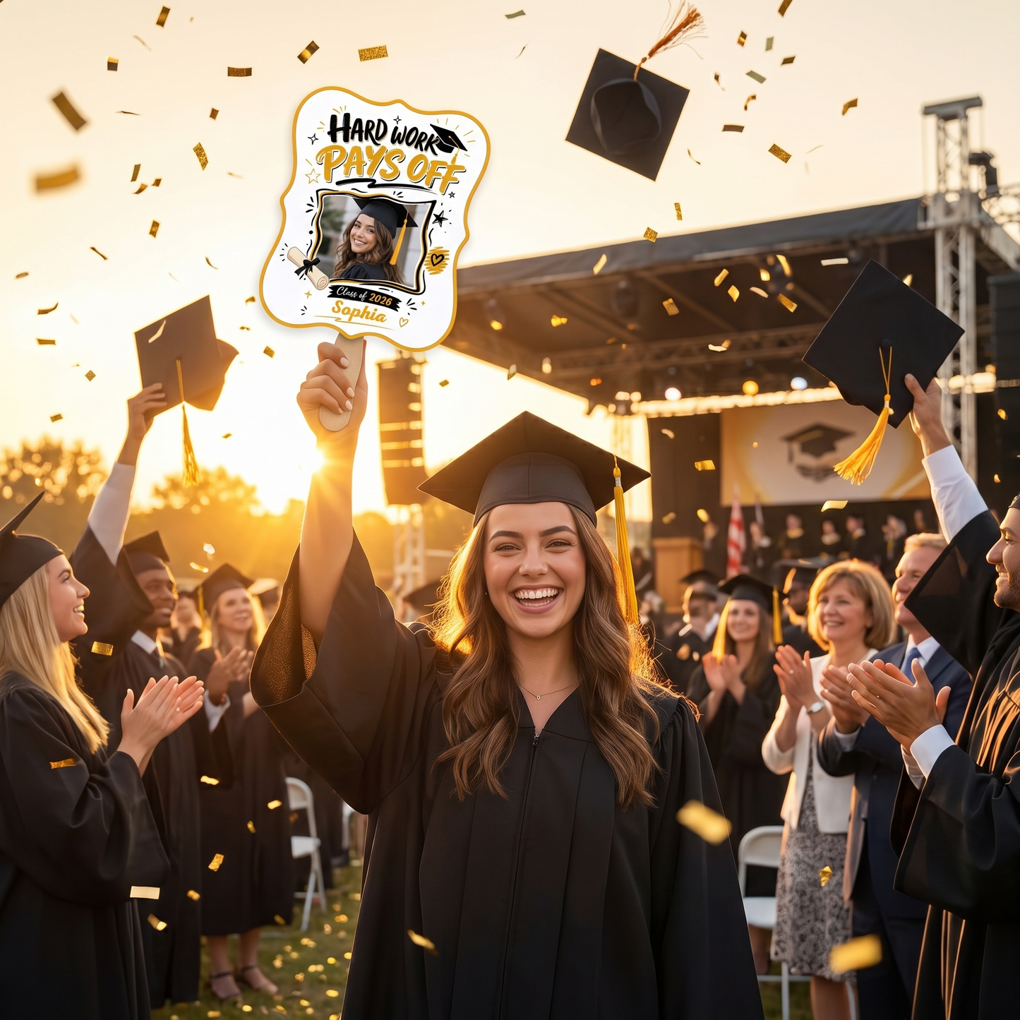 Personalized Hard Work Pays Off Custom Shape Photo Hand Fan, Graduation Fan with Photo & Name