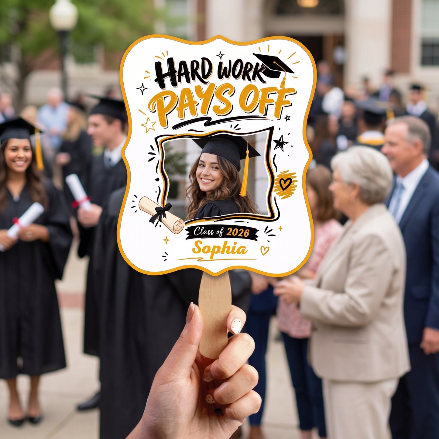 Personalized Hard Work Pays Off Custom Shape Photo Hand Fan, Graduation Fan with Photo & Name