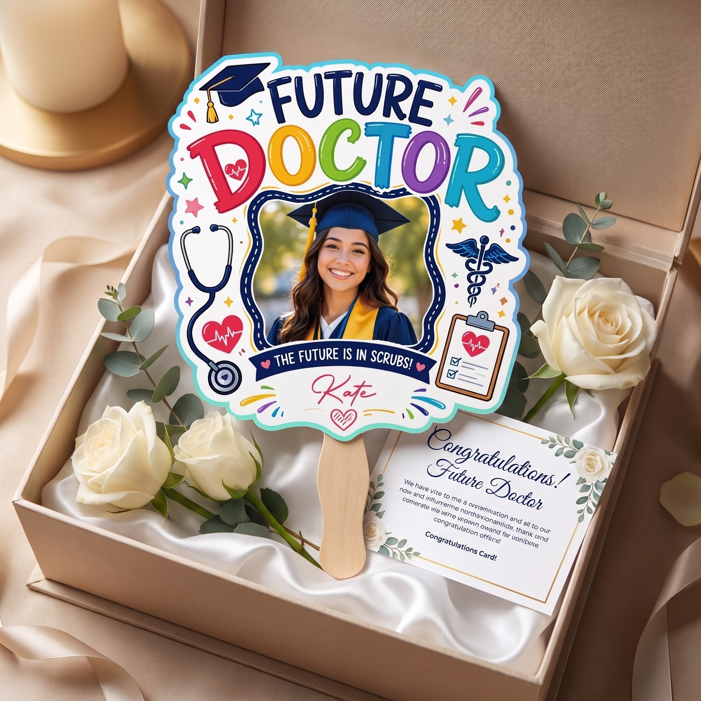 Personalized Future Doctor Custom Shape Photo Hand Fan, Graduation Fan with Photo & Name