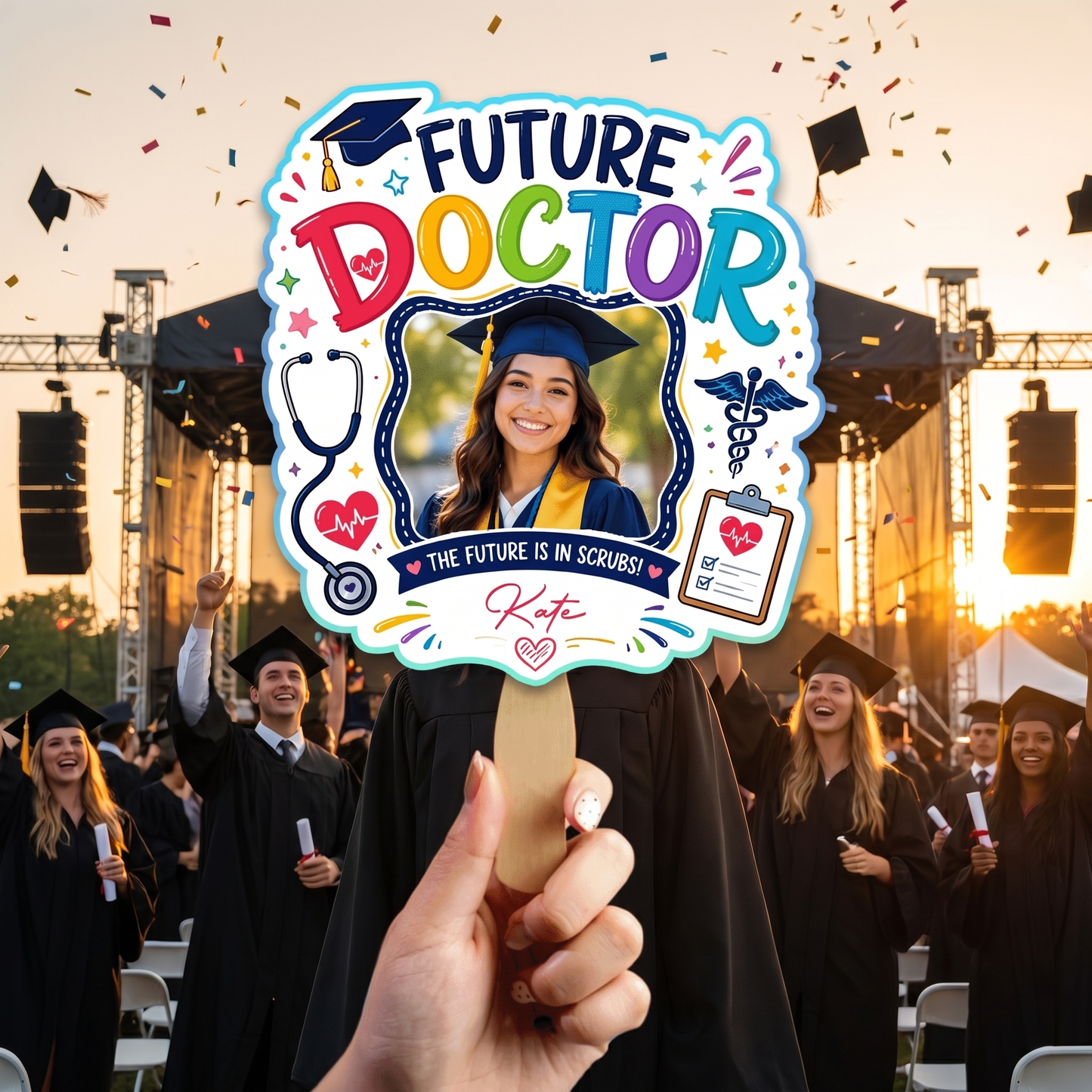 Personalized Future Doctor Custom Shape Photo Hand Fan, Graduation Fan with Photo & Name