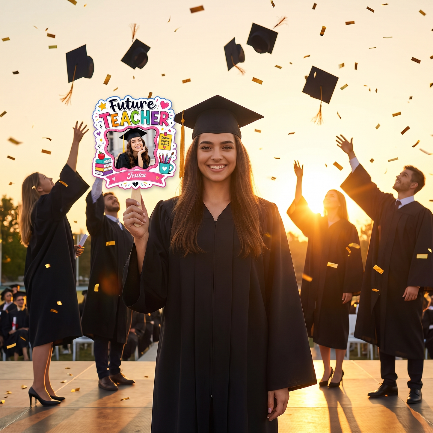 Personalized Future Teacher Custom Shape Photo Hand Fan, Graduation Fan with Photo & Name