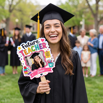 Personalized Future Teacher Custom Shape Photo Hand Fan, Graduation Fan with Photo & Name