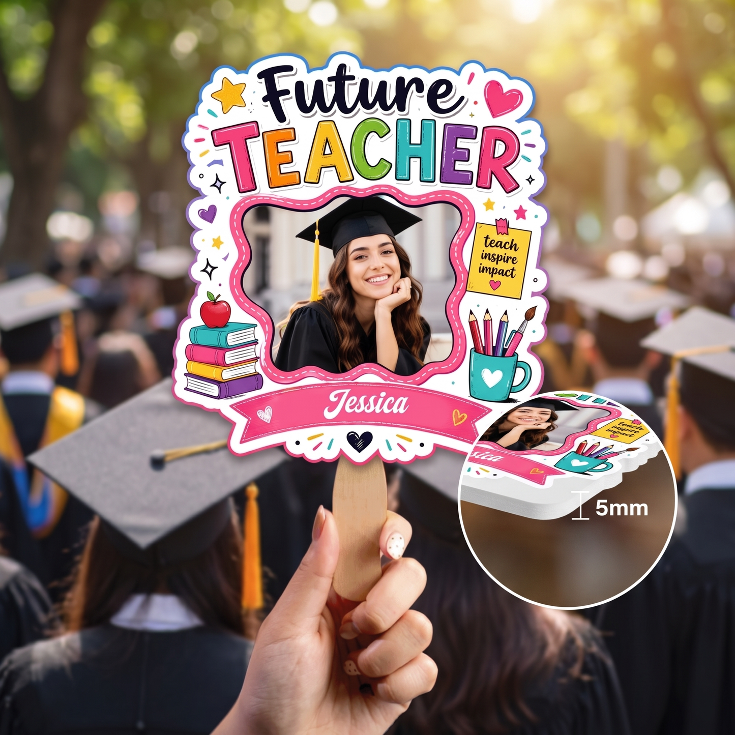 Personalized Future Teacher Custom Shape Photo Hand Fan, Graduation Fan with Photo & Name