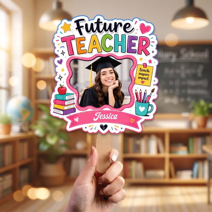 Personalized Future Teacher Custom Shape Photo Hand Fan, Graduation Fan with Photo & Name
