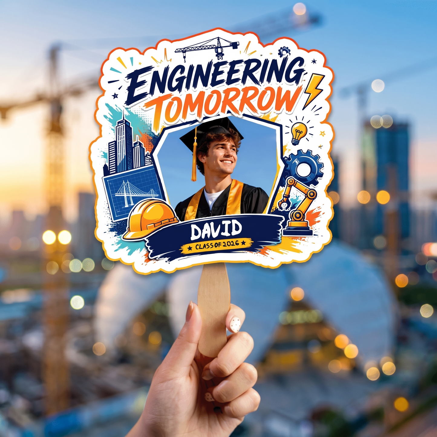 Personalized Engineering Tomorrow Custom Shape Photo Hand Fan, Graduation Fan with Photo & Name