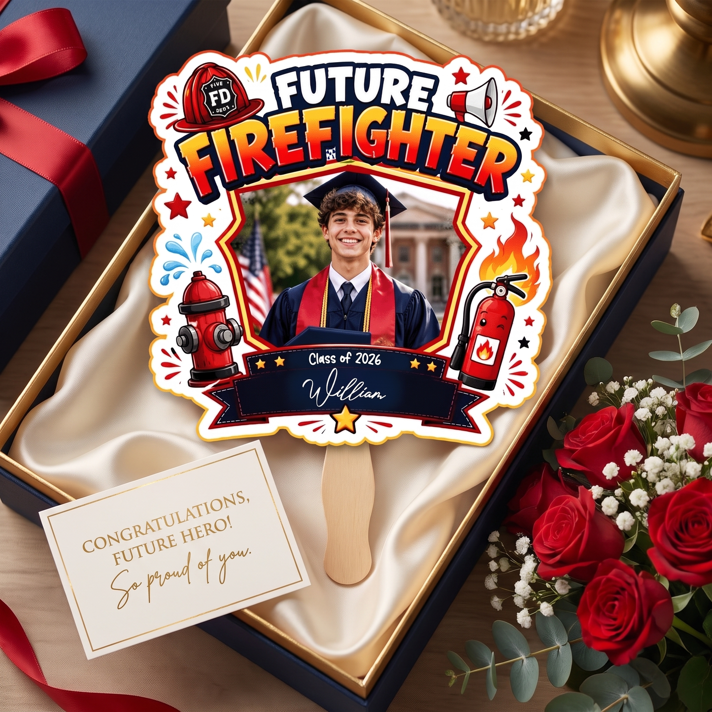Personalized Future Firefighter Custom Shape Photo Hand Fan, Graduation Fan with Photo & Name