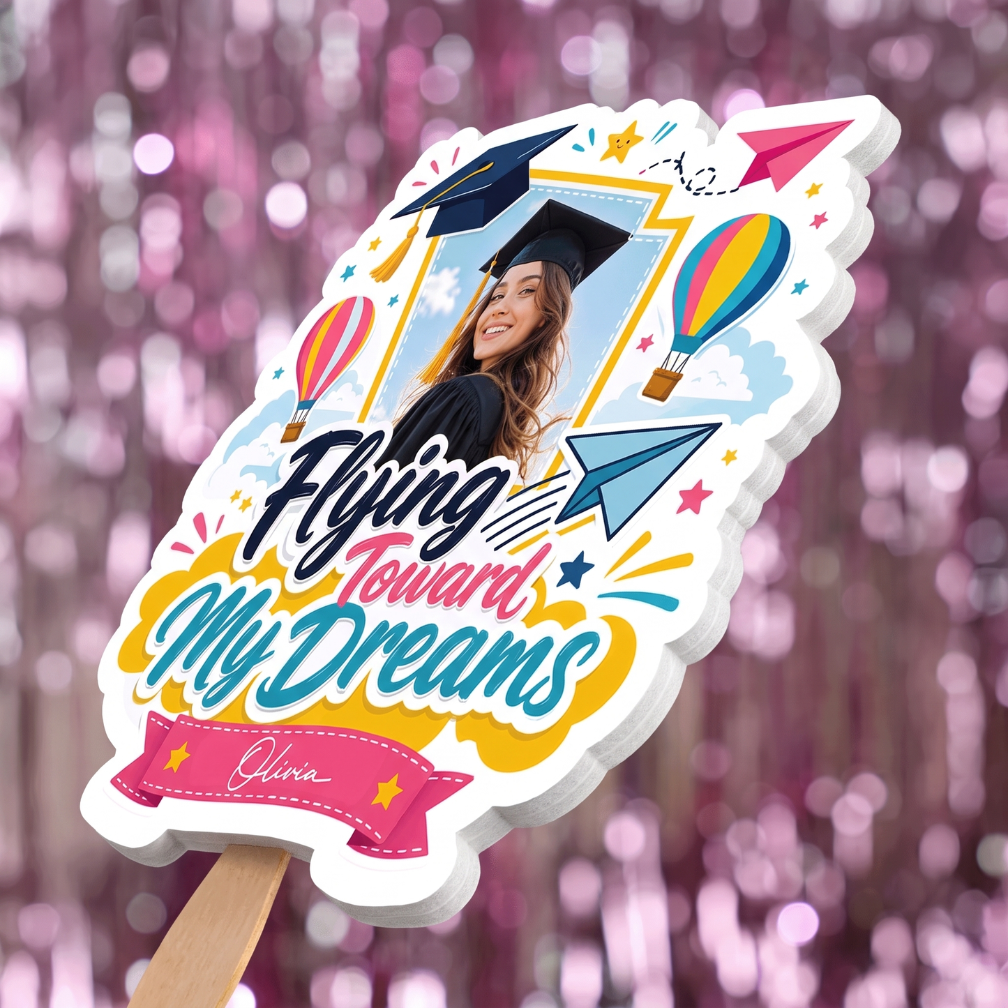 Personalized Flying Toward My Dreams Custom Shape Photo Hand Fan, Graduation Fan with Photo & Name